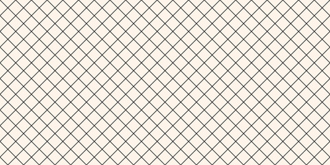 Fototapeta premium Vector minimalist diagonal square grid seamless pattern. Abstract minimal black and white geometric texture. Subtle background with linear lattice, net, outline mesh, grill. Simple repeated geo design