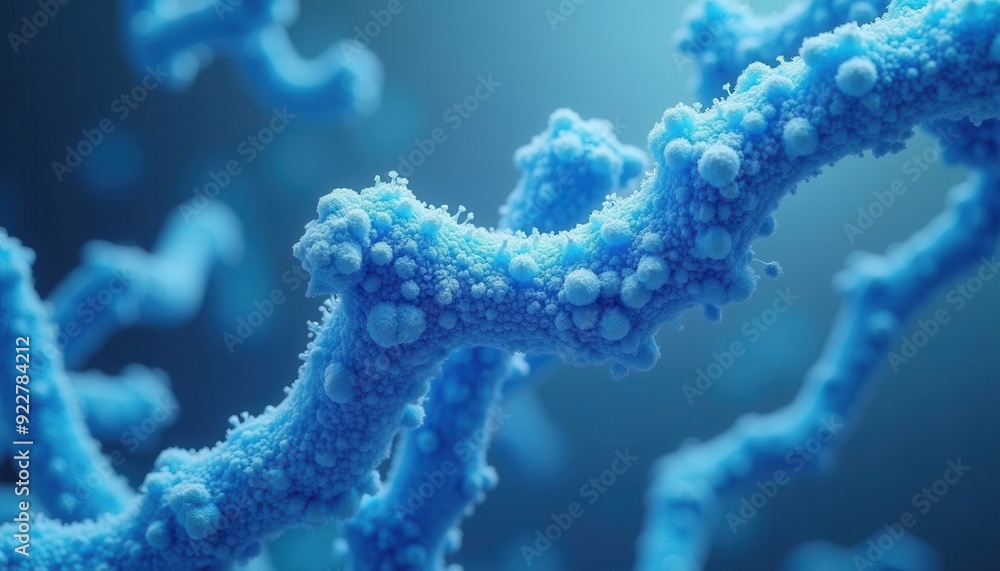 Poster close-up of microscopic blue organic structures with a soft texture on a gradient blue background.