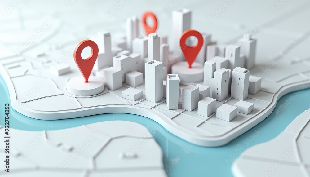 Poster 3d map with red location markers signifying important points in a city layout.