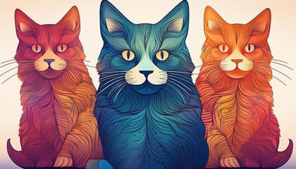 Blue cat between two orange cats abstract