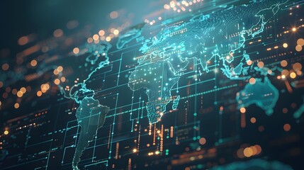 Fototapeta premium Digital world map with glowing lines and dots, abstract technology background.