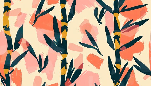 A vibrant pattern featuring stylized bamboo and abstract brush strokes in warm colors, ideal for textiles or graphic design.