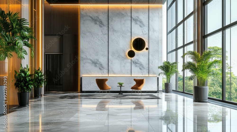 Poster a lobby with two chairs and a table in front of the windows, ai