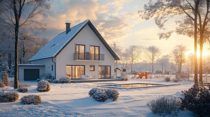 Beautiful modern home surrounded by snow, bathed in warm sunrise light, with a peaceful winter landscape and frosty trees in the background.
