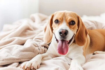 Obraz premium The ginger mixed breed dog is pictured in a luxurious and bright colored classic style bedroom with a king-size bed. This bedroom is pet-friendly for both hotels and private residences.