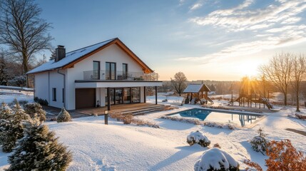 Charming suburban house surrounded by a blanket of snow, with a peaceful winter landscape, bare trees, and a clear blue sky.
