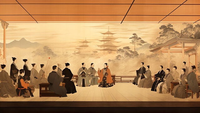 Daimyo Meeting - Japan, traditional, art, painting, kimono, ceremony, gathering, historical, culture, people, room, seated, Asian, illustration, oriental, pagoda