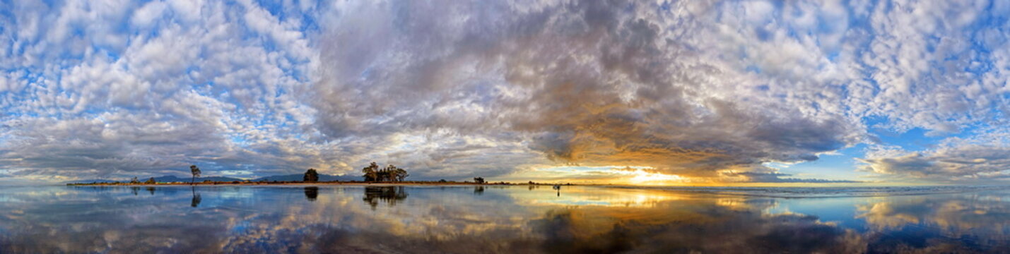 360&deg; panorama of the Carters Beach at sunset, water reflection, Westport, West Coast, Southland, New Zealand, Oceania