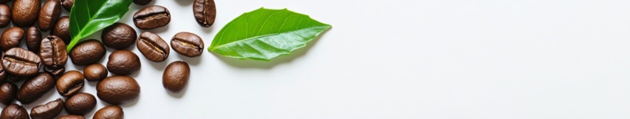 Fototapeta premium Airy Aerial View of Coffee Beans and Leaves, Embracing the International Coffee Day Spirit with a Serene White Background Replicated Space.