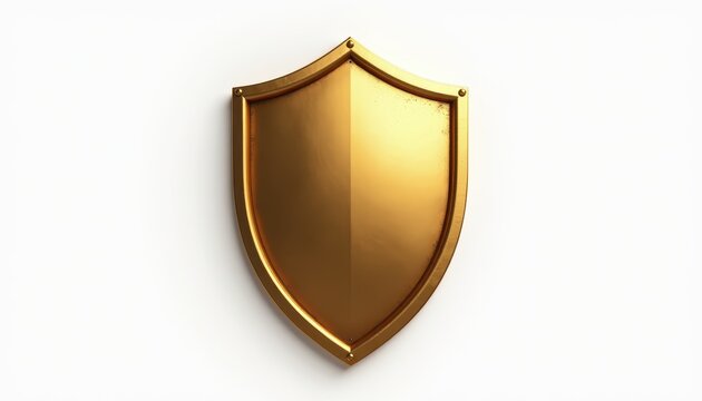 Shiny gold shield symbolizing protection and security on a white background.