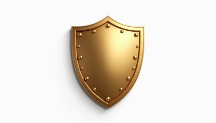 A shiny golden metal shield with rivets on a plain white background.