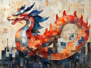 Auspicious Dragon with Contemporary Patterns: A dragon featuring modern patterns and geometric shapes, symbolizing strength and good fortune
