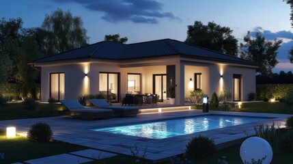 Elegant modern house with an illuminated swimming pool, glowing exterior lights, and a tranquil garden setting under the night sky.
