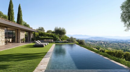 Stunning luxury villa featuring an infinity pool, sun loungers, and a manicured lawn, offering breathtaking panoramic views of the surrounding landscape.
