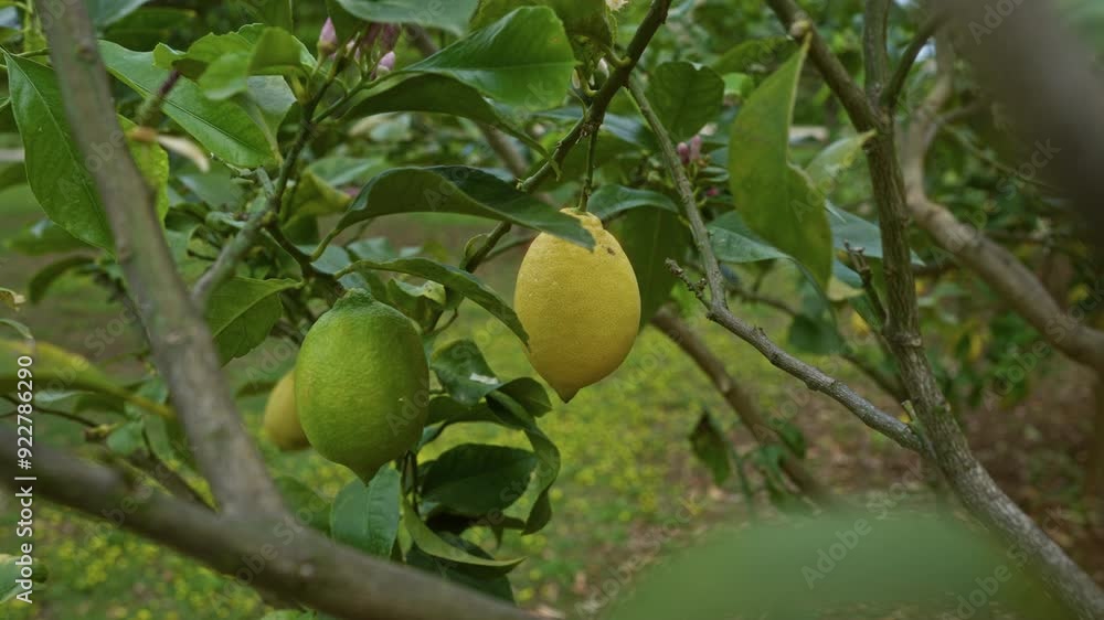 Wall mural Close-up of ripe lemons hanging from a tree branch surrounded by green leaves in an outdoor orchard in puglia, southern italy.