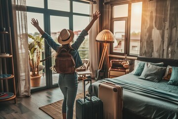 Fototapeta premium An Asian traveler woman standing with her baggage in a hotel or hostel on her holiday, luxury interior bedroom design, tourism and travel concept.