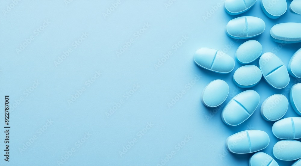 Wall mural A visually appealing collection of blue pills on a light blue background, ideal for health content. Theres ample space for custom text or branding, making it versatile for various uses