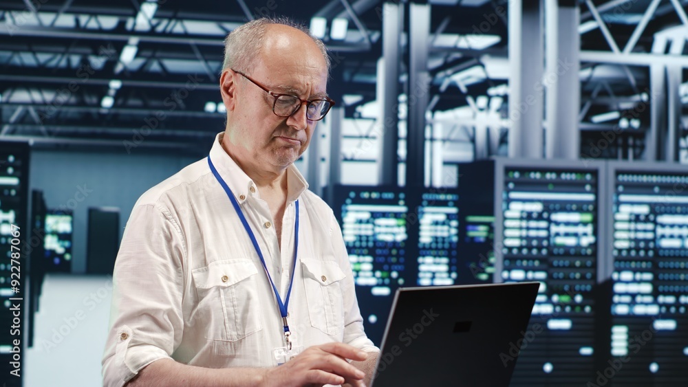 Poster adept repairman expertly managing data while navigating in industrial server room. skillful employee