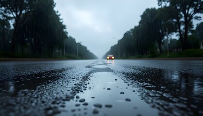 Close up of a Wet Road Surface with Reflections, trees and Puddles