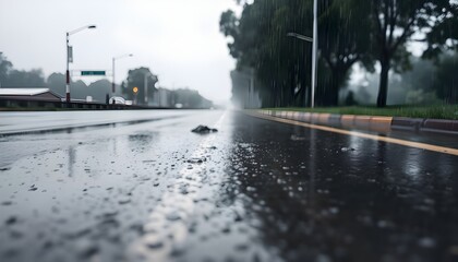 Wet Road Surface with Reflections and Puddles