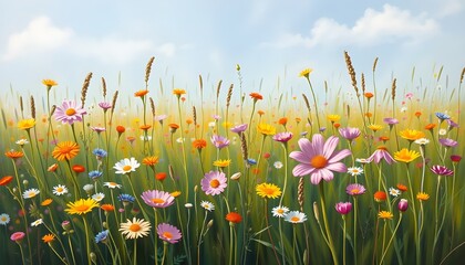Oil Painting of a Meadow with Wildflowers in Bloom with blue sky 