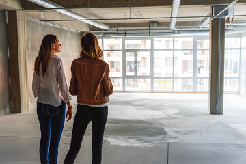 A female real estate agent shows an empty office space to a potential buyer or tenant.