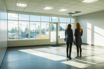 Fototapeta premium A female real estate agent shows an empty office space to a potential buyer or tenant.