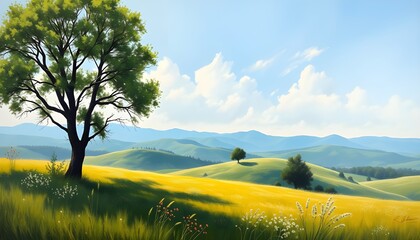 Oil Painting of a Meadow with Rolling Hills, tree and blue sky 