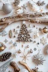 Fototapeta premium Decorations for a festive setting with silver and white ornaments arranged artistically on a white surface during the holiday season