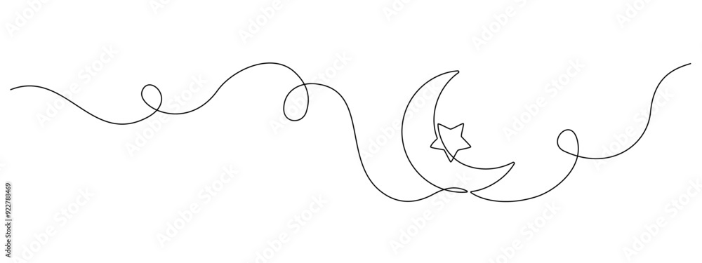 Poster one continuous line drawing of moon with star. ramadan kareem banner in simple linear style. sleep a