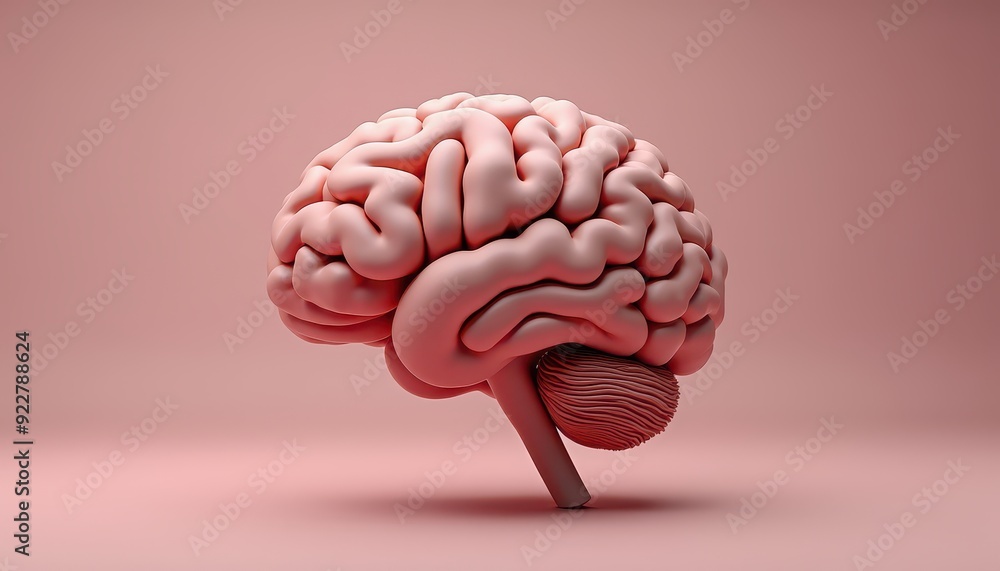 Poster a detailed 3d rendering of a human brain with a focus on its intricate structure, set against a soft