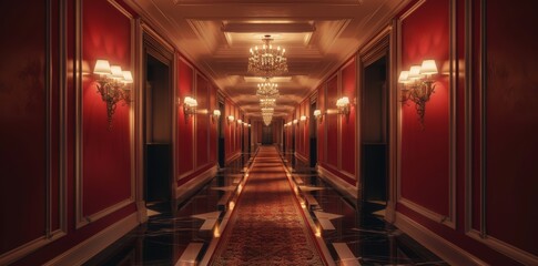 Fototapeta premium Luxury hotel hallway wide angle panorama symmetric banner in red