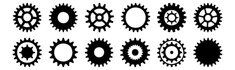 Gear silhouettes set, pack of vector silhouette design, isolated background