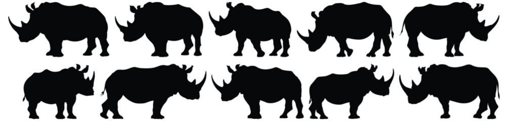 Rhino silhouettes set, animal pack of vector silhouette design, isolated background