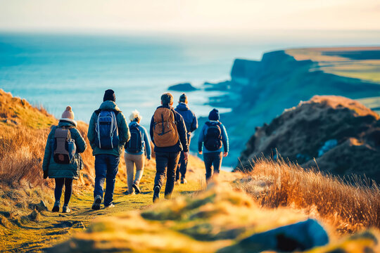 A group of male and female friends walking up a hill on a coastal path along a cliff edge overlooking the sea