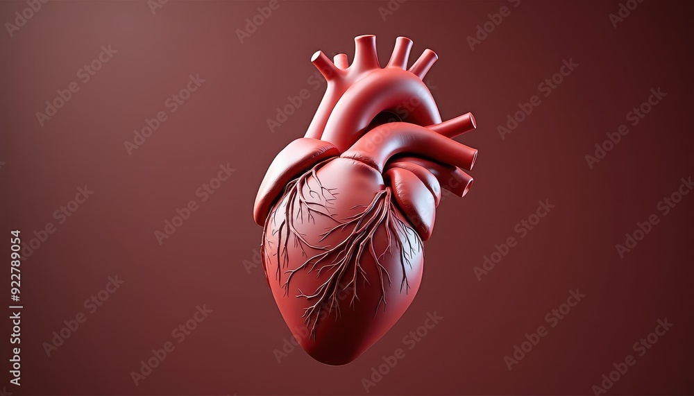 Poster 3d rendering of a human heart with detailed arteries on a red gradient background.