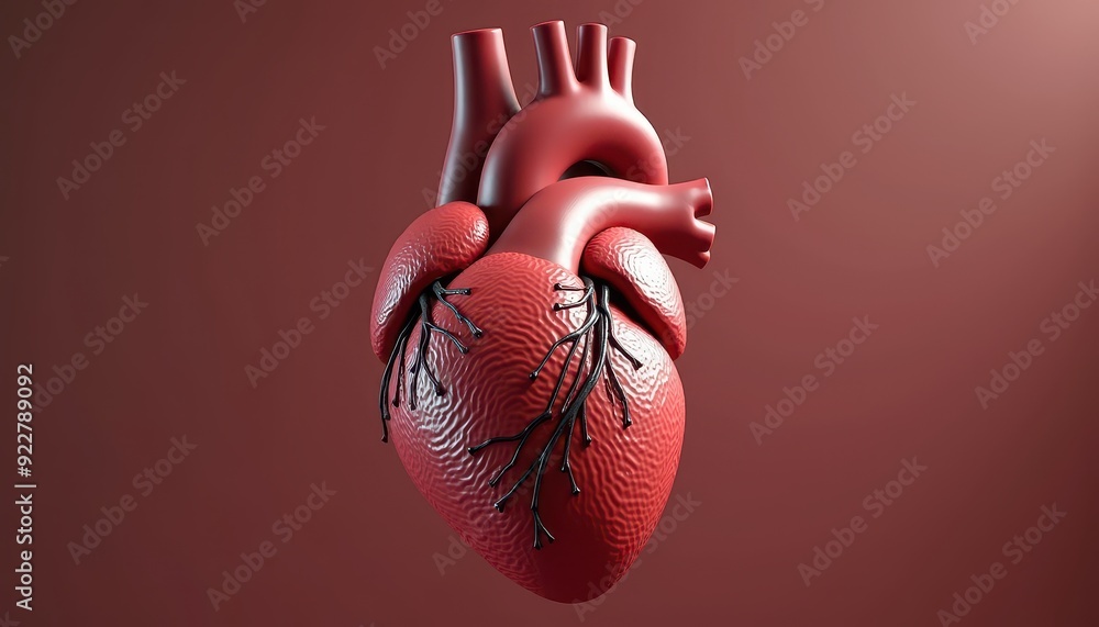 Poster detailed 3d rendering of a human heart with arteries and veins on a red gradient background.