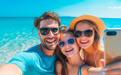 Obraz premium Happy family taking selfie on beach near sea. Summer vacation
