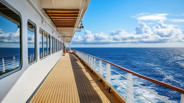 The expansive and pristine deck of a cruise ship