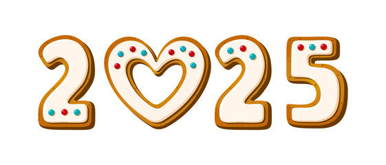 Obraz premium Christmas gingerbread cookies 2025 in cartoon style. Sweet biscuit in new year message isolated on white background. Cute Vector illustration