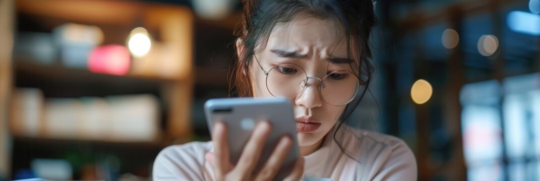 Concerned and frustrated young Asian woman entrepreneur facing challenges with her mobile banking application or online shopping platform.