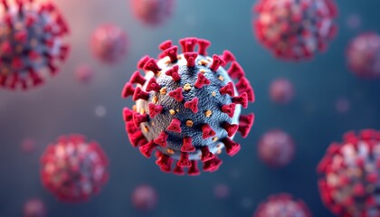 Close-up 3D rendering of the coronavirus, showcasing its detailed structure with spike proteins.