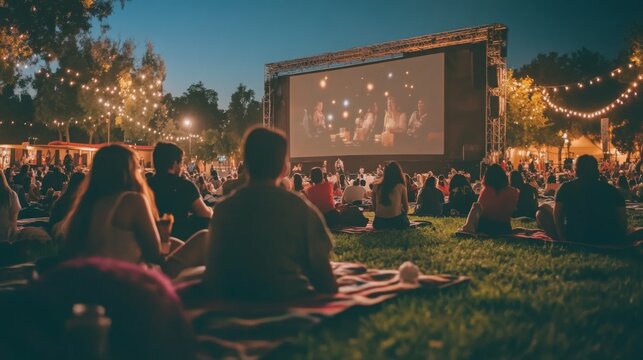 A lively group gathers on the grass, enjoying an outdoor movie screening amidst warm, inviting lights as night falls.