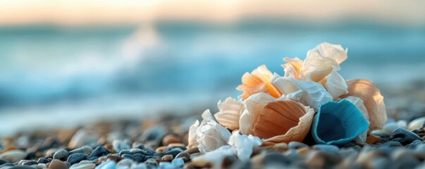 Naklejka premium A close-up of colorful seashells scattered on a sandy beach with gentle waves in the background, perfect for coastal themes.