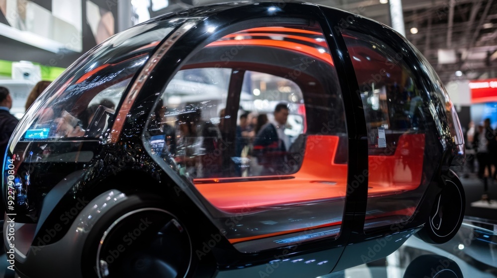Poster an autonomous vehicle with a sleek, futuristic design is showcased at a technology expo, surrounded 