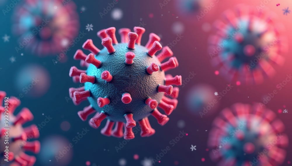 Poster close-up of a virus particle with red spikes against a blurred background of similar particles, high