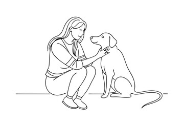 Heartwarming Line Art Woman Kneeling and Touching Her Dog – Vector Illustration