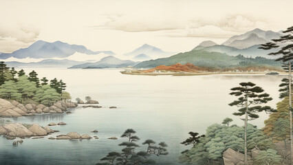 Lake Towada - landscape, mountains, lake, trees, nature, scenic, water, reflection, clouds, forest, rocks, horizon, mist, serene, peaceful, tranquil, calm, nature art