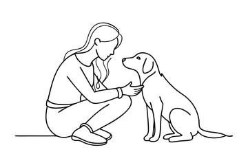 Heartwarming Line Art Woman Kneeling and Touching Her Dog – Vector Illustration