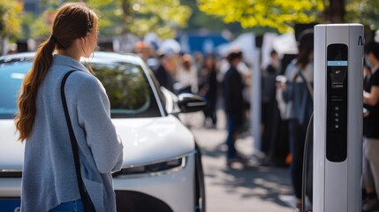 A woman stands next to an electric vehicle charging station, observing the crowds and activities around her in a lively urban environment.